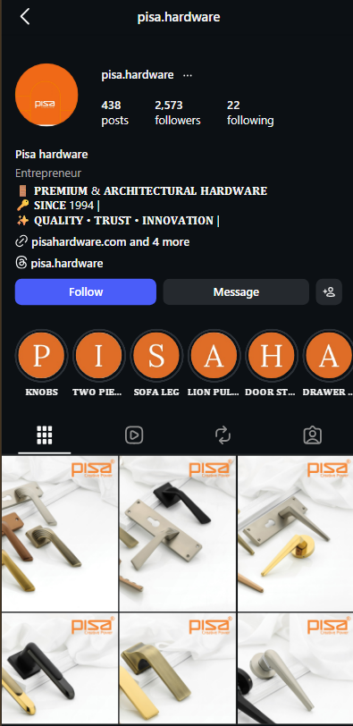 Instagram profile and product grid for Pisa Hardware
