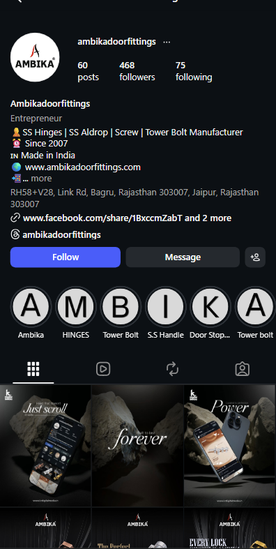 Instagram profile and creative grid for Ambika Door Fittings